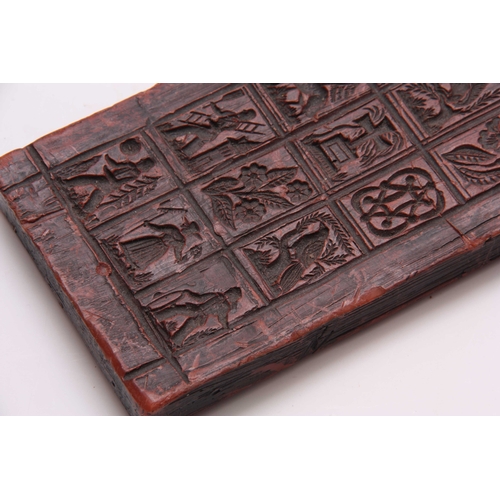 494 - AN OLD EUROPEAN RED WAX SPRINGERLE MOLD depicting birds, flowers, figures, etc. 22.5cm high, 10cm wi... 