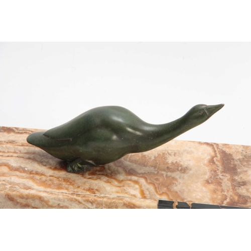 503 - D. H. CHIPARUS, AN ART DECO BRONZE FIGURE GROUP depicting two green patinated girls scared by a goos... 