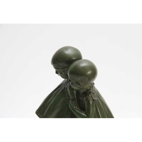 503 - D. H. CHIPARUS, AN ART DECO BRONZE FIGURE GROUP depicting two green patinated girls scared by a goos... 