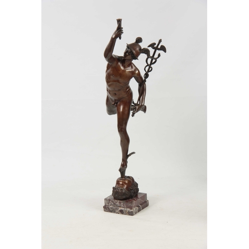 504 - A LARGE 20TH CENTURY BRONZE SCULPTURE OF HERMES having brown patination on a red-veined square marbl... 