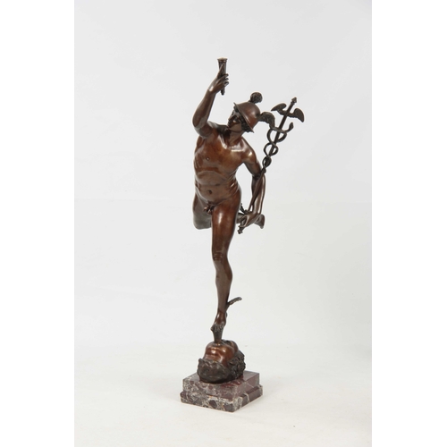 504 - A LARGE 20TH CENTURY BRONZE SCULPTURE OF HERMES having brown patination on a red-veined square marbl... 