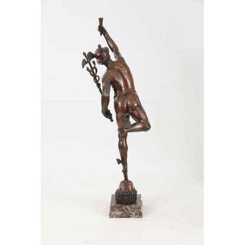 504 - A LARGE 20TH CENTURY BRONZE SCULPTURE OF HERMES having brown patination on a red-veined square marbl... 