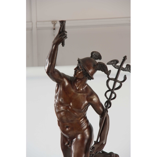 504 - A LARGE 20TH CENTURY BRONZE SCULPTURE OF HERMES having brown patination on a red-veined square marbl... 