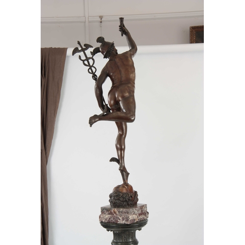 504 - A LARGE 20TH CENTURY BRONZE SCULPTURE OF HERMES having brown patination on a red-veined square marbl... 