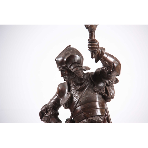 505 - AN EARLY 20th CENTURY PATINATED BRONZED METAL FIGURAL LAMP modelled as a knight holding a torch with... 