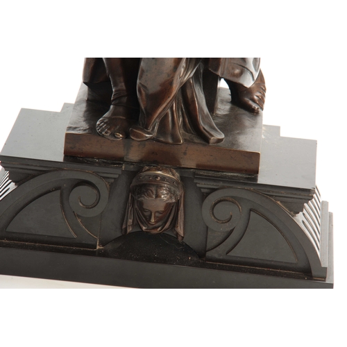 507 - A LARGE 19TH CENTURY BRONZE SCULPTURE OF MOSES seated on a shaped black marble plinth base 54cm high... 