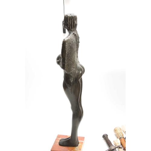 508 - JEAN JACQUES HAMARD A 20TH CENTURY MODERN ART BRONZE SCULPTURE OF A FEMALE mounted on a veined red m... 