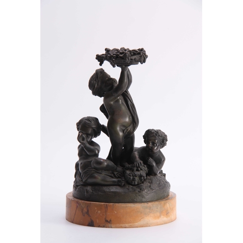 524 - A 19TH CENTURY FRENCH BRONZE SCULPTURE modelled as cupids amidst fruiting vines - on a Sienna marble... 