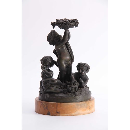 524 - A 19TH CENTURY FRENCH BRONZE SCULPTURE modelled as cupids amidst fruiting vines - on a Sienna marble... 