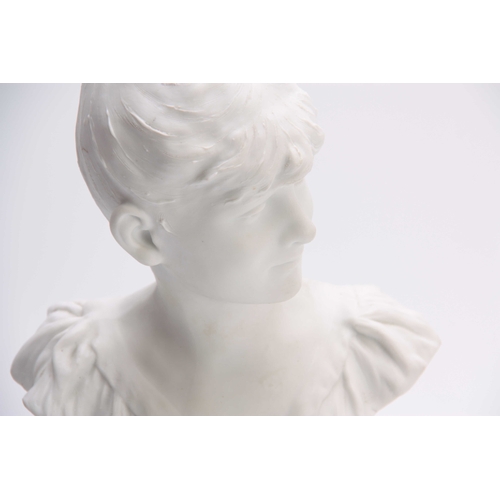 526 - A 19TH CENTURY PARIANWARE BUST OF A YOUNG LADY signed to reverse B NELSON; on gilt socle and veined ... 