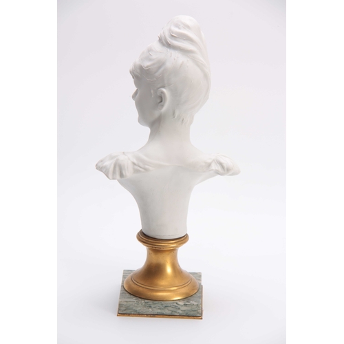 526 - A 19TH CENTURY PARIANWARE BUST OF A YOUNG LADY signed to reverse B NELSON; on gilt socle and veined ... 