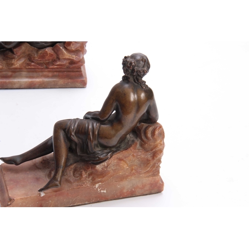 528 - A PAIR OF 19TH CENTURY CLASSICAL BRONZE SEMI NUDE FIGURES OF YOUNG LADIES mounted on carved marble n... 