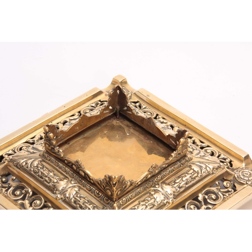 530 - AN IMPRESSIVE LATE 19TH CENTURY BRASS INKWELL OF LARGE SIZE having a square-shaped moulded glass ink... 