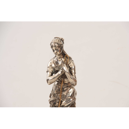 533 - CLAUDIUS MARIOTON  A 19TH CENTURY FRENCH SILVERED CAST BRONZE SCULPTURE OF A SHEPHERDESS mounted on ... 