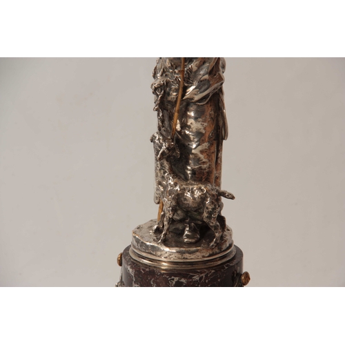 533 - CLAUDIUS MARIOTON  A 19TH CENTURY FRENCH SILVERED CAST BRONZE SCULPTURE OF A SHEPHERDESS mounted on ... 