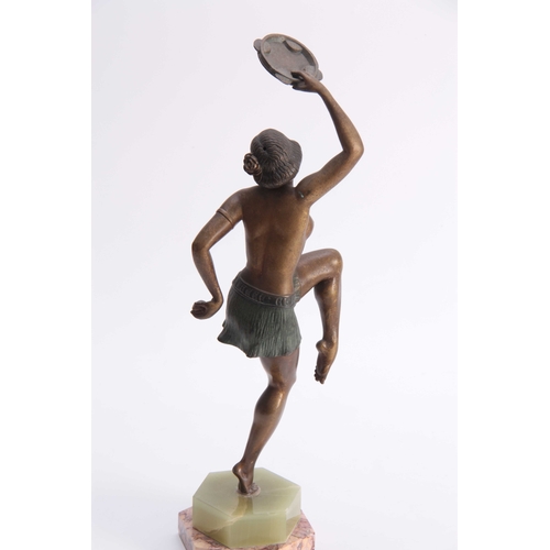 534 - AN ART NOUVEAU STYLE COLD PAINTED BRONZED METAL SCULPTURE OF A HALF NAKED TAMBOURINE DANCER - on a g... 