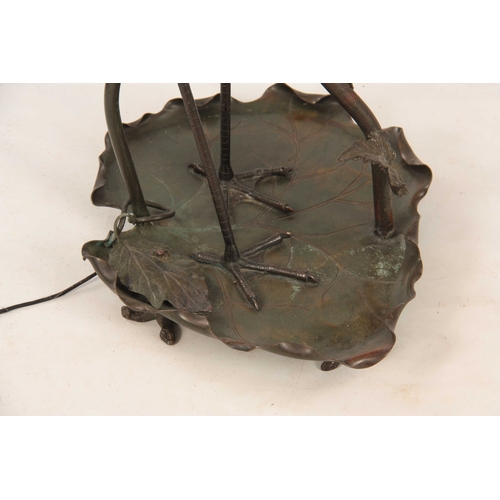 542 - AN ART NOUVEAU GREEN PATINATED BRONZE STANDARD LAMP depicting a Crane stood on a large Lilly pad 149... 