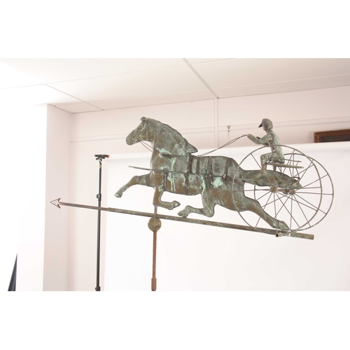 546 - A LATE 19TH CENTURY AMERICAN FULL BODIED COPPER WEATHER VAINE OF A HORSE WITH SULKY AND RIDER mounte... 