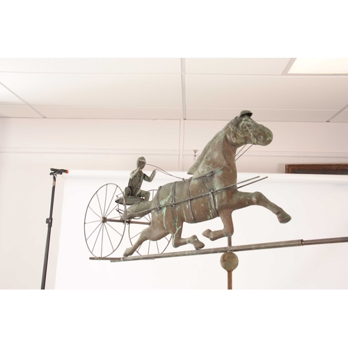 546 - A LATE 19TH CENTURY AMERICAN FULL BODIED COPPER WEATHER VAINE OF A HORSE WITH SULKY AND RIDER mounte... 