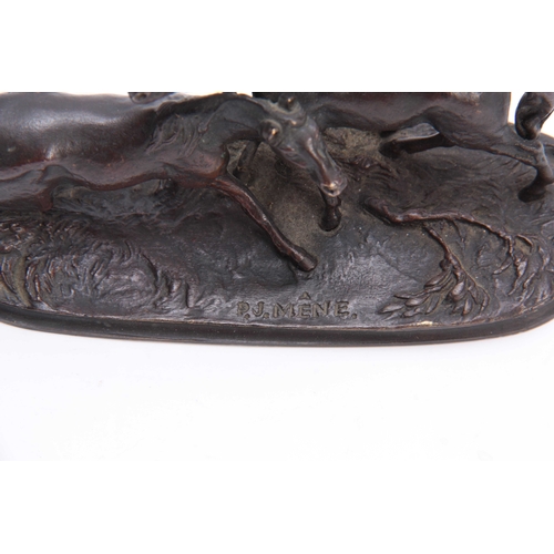 547 - AFTER P. J. MENE, A 19TH CENTURY MINIATURE BRONZE GROUP depicting two horses - signed 14cm wide.