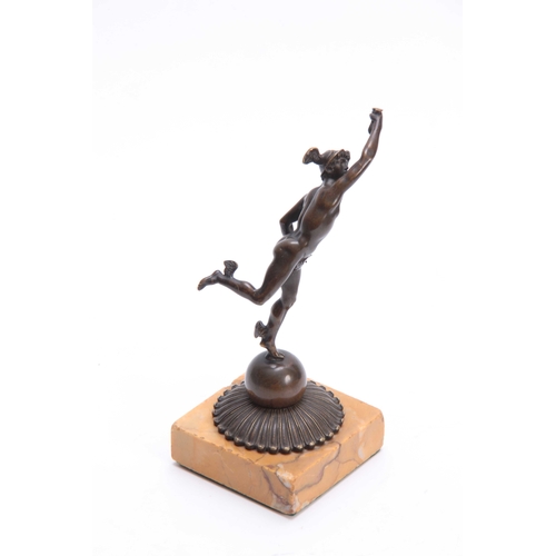 556 - A 19TH CENTURY SCULPTURE OF HERMES mounted on a Sienna marble square base 19cm high.