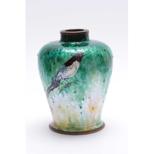 557 - JULES SARLANDIE  LIMOGES A STYLISH LATE 19TH CENTURY SHADED AND MOTTLED DARK GREEN ENAMEL SHOULDERED... 