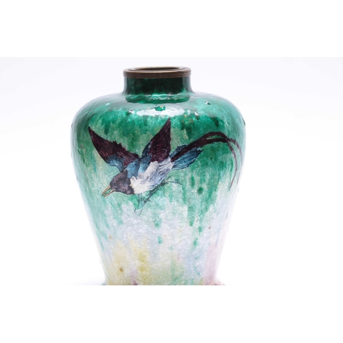 557 - JULES SARLANDIE  LIMOGES A STYLISH LATE 19TH CENTURY SHADED AND MOTTLED DARK GREEN ENAMEL SHOULDERED... 