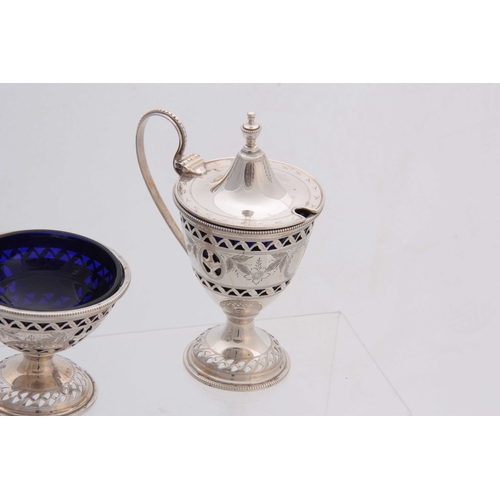 582 - AN EARLY 20TH CENTURY ADAM STYLE THREE-PIECE SILVER CONDIMENT SET  of urn-shaped pierced form with l... 