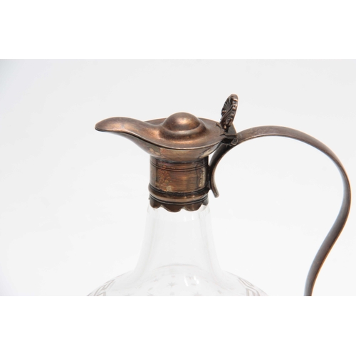 599 - A 19TH CENTURY BULBOUS GLASS CLARET JUG with Silver Plated neck mounts and hinged top, etched greek ... 