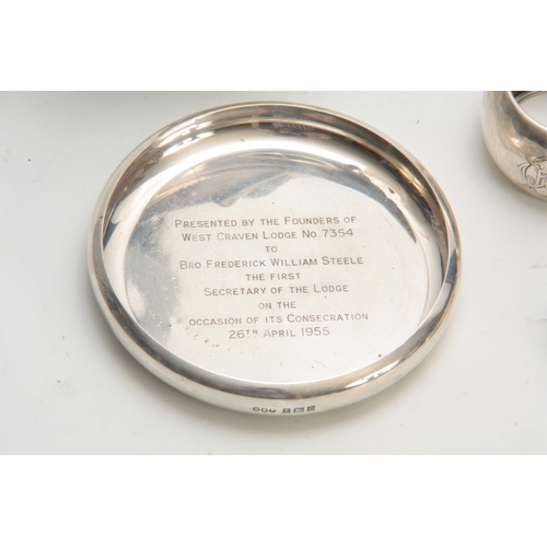 605 - A SELECTION OF SOLID SILVER ITEMS including two wine coasters, sauceboat, three napkin rings and a s... 