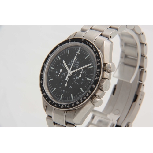 612 - A GENTLEMAN'S OMEGA SPEEDMASTER MOON WATCH on a steel bracelet with black dial having chronograph la... 