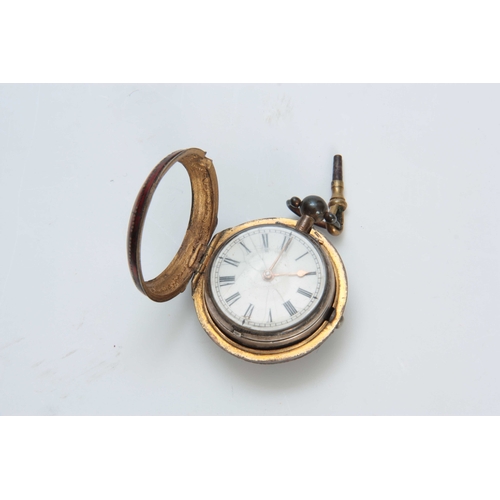 621 - A GEORGE II SILVER PAIR CASED POCKET WATCH IN TORTOISESHELL CASE  silver inner case date letter 1744... 