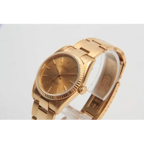 627 - A MID-SIZE 18ct YELLOW GOLD ROLEX OYSTER PERPETUAL WRIST WATCH on 18ct gold oyster bracelet, the flu... 