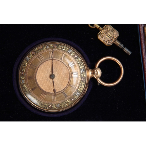 632 - A 19th CENTURY 18CT GOLD OPEN FACE POCKET WATCH the dial having a floral mixed metal border and rais... 