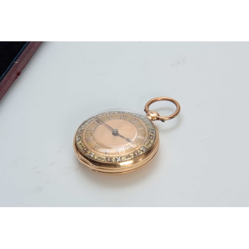 632 - A 19th CENTURY 18CT GOLD OPEN FACE POCKET WATCH the dial having a floral mixed metal border and rais... 