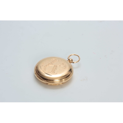 642 - AN 18CT GOLD FULL HUNTER POCKET WATCH with finely engraved initial to the spring-loaded cover enclos... 