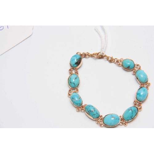 666 - A YELLOW GOLD DOUBLE CHAIN LINK AND OVAL TURQUOISE SET BRACELET