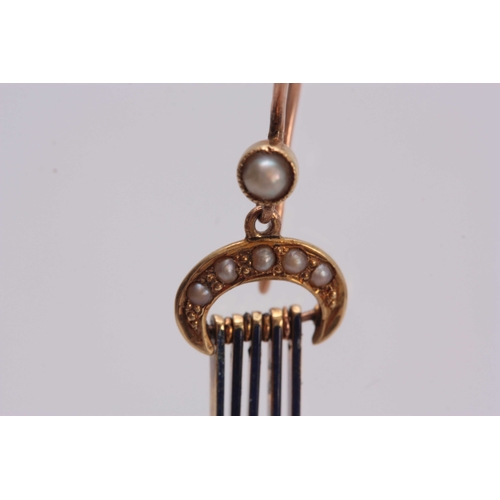 691 - A PAIR OF 15CT GOLD ENAMEL AND PEARL TASSLE EARRINGS - tested 15ct gold 4cm high overall.