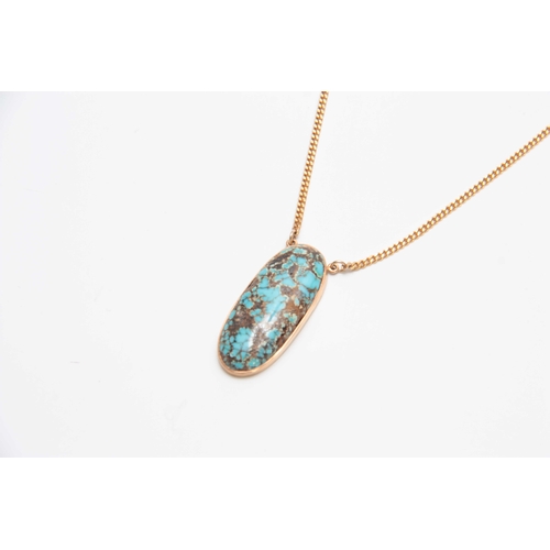 717 - A .375 HALLMARKED YELLOW GOLD SLENDER NECK CHAIN AND LARGE OVAL TURQUOISE PENDANT 49.5cm long