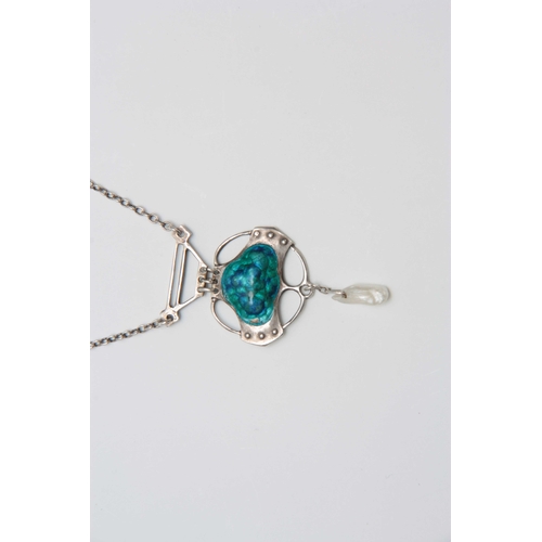 718 - AN ART NOUVEAU SILVER AND MOTTLED BLUE ENAMEL OPENWORK PENDANT WITH PEARL DROP on a fine 50cm neck c... 