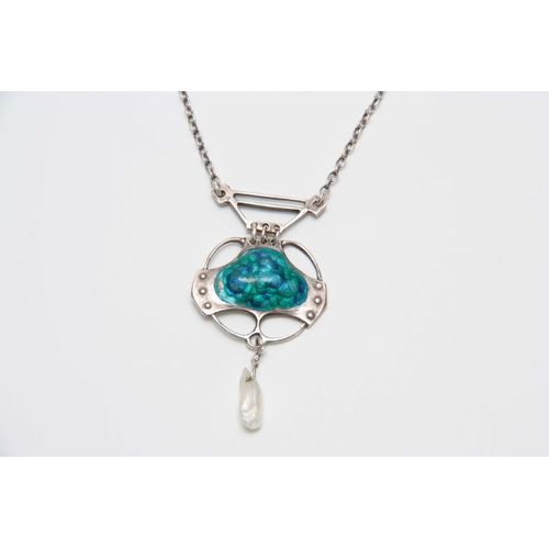 718 - AN ART NOUVEAU SILVER AND MOTTLED BLUE ENAMEL OPENWORK PENDANT WITH PEARL DROP on a fine 50cm neck c... 