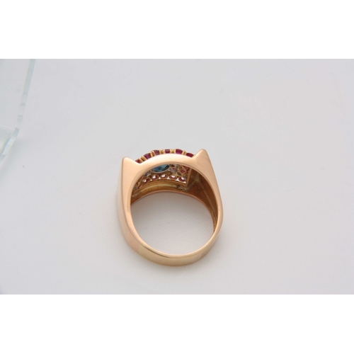 723 - A STYLISH YELLOW GOLD GENTLEMANS TUTTI FRUTTI DRESS RING the dished top set with a band of rubies, f... 