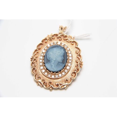 726 - .375 HALLMARKED YELLOW GOLD OVAL CAMEO PENDANT with diamond set border on a matted ground with leaf ... 