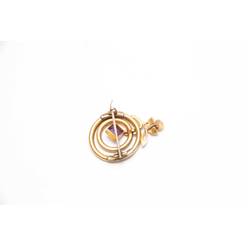 727 - A YELLOW GOLD SET SEED PEARL DOUBLE RING BROOCH with spray cresting and lozenge-shaped Amethyst pend... 