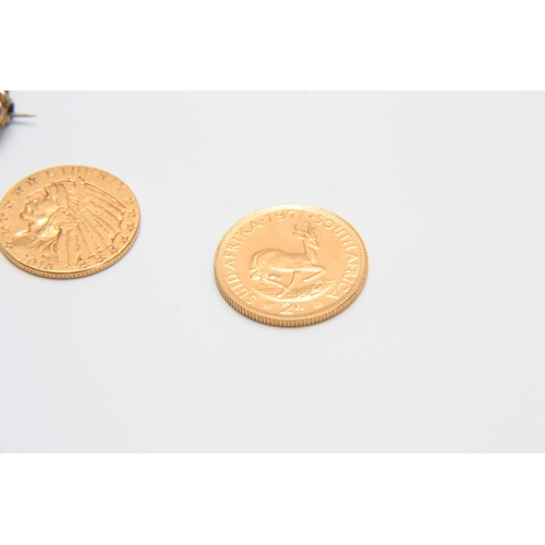 734 - A GROUP OF THREE GOLD COINS comprising an 1883 USA FIVE DOLLAR PIECE with rope twist mount and clip ... 