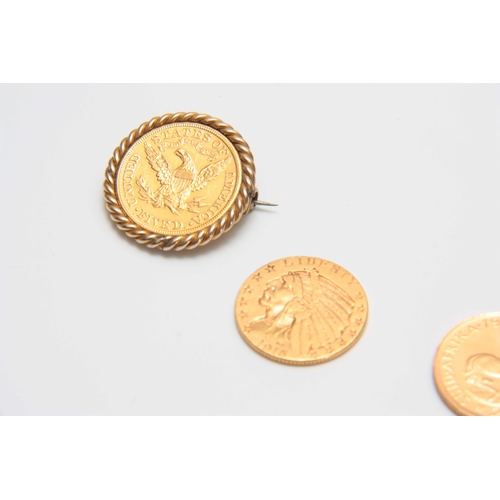 734 - A GROUP OF THREE GOLD COINS comprising an 1883 USA FIVE DOLLAR PIECE with rope twist mount and clip ... 