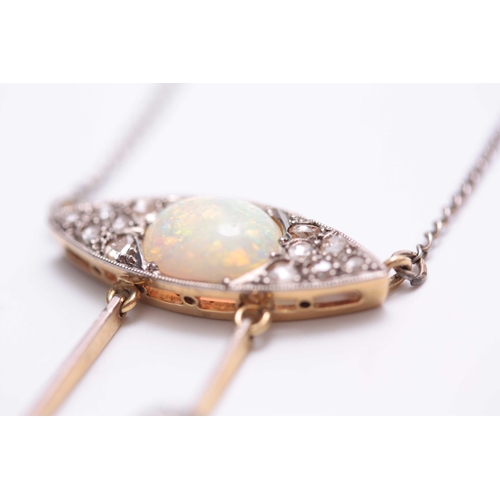 745 - AN EDWARDIAN LOZENGE-SHAPED DIAMOND AND OPAL PENDANT with large centre stone and two graduated long ... 