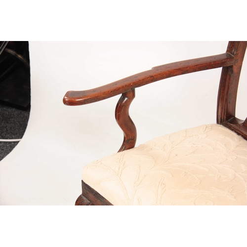 1001 - A GEO II STAINED BEECH GENTLEMANS IRISH OPEN ARMCHAIR with shaped top rail having carved shell above... 