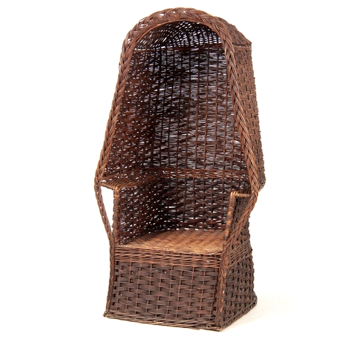 1013 - AN UNUSUAL 19TH CENTURY WICKERWORK HOODED ARMCHAIR 140cm high 77cm wide.