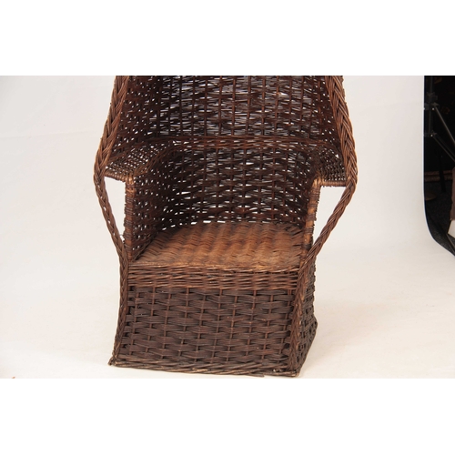 1013 - AN UNUSUAL 19TH CENTURY WICKERWORK HOODED ARMCHAIR 140cm high 77cm wide.